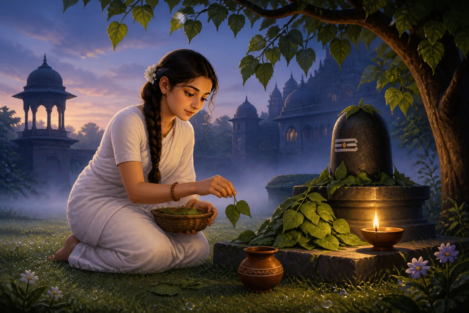 Young Sati gathering bilva leaves at dawn in her father's orchard