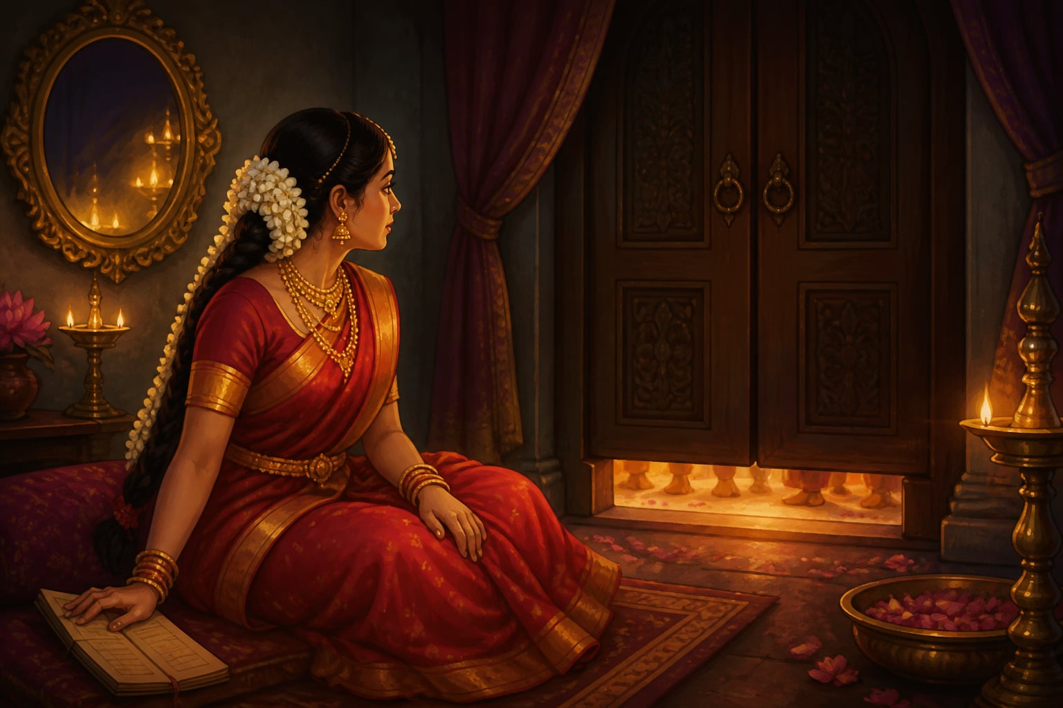 Sati listening from the antechamber as Shiva crosses the threshold
