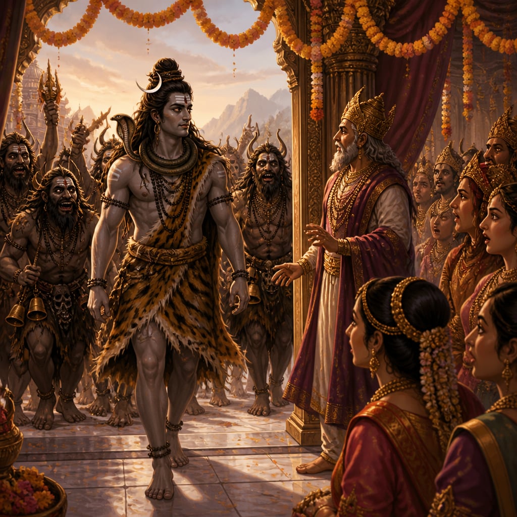 Shiva in ash and tiger skin crosses the marble threshold of Daksha's wedding pavilion as the court freezes in startled silence.