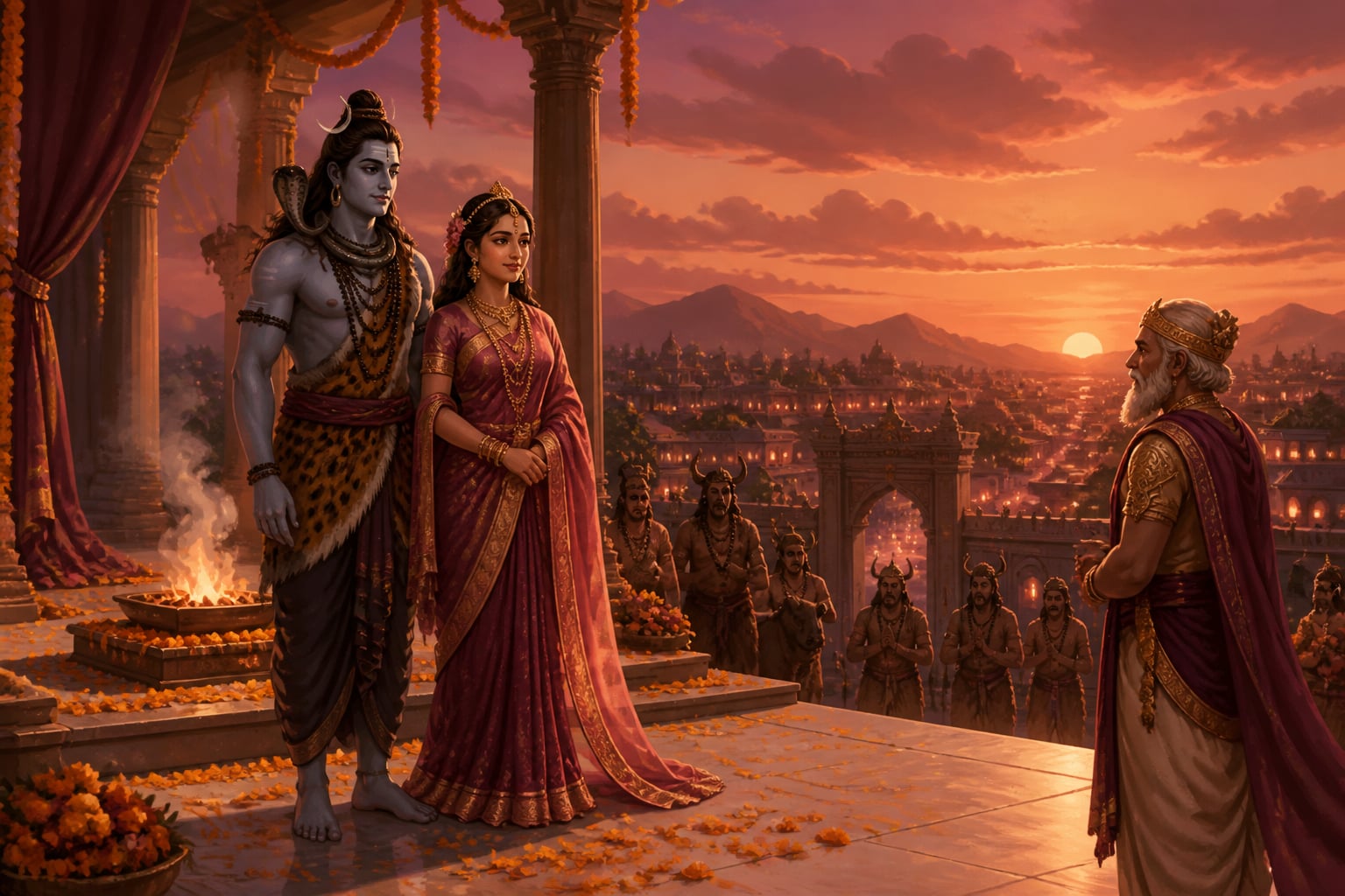 Shiva and Sati at the wedding's close under an evening copper sky