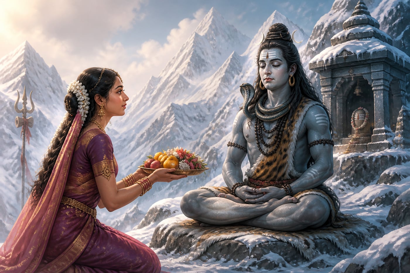 Parvati offering fruits to the meditating Shiva on Kailasa