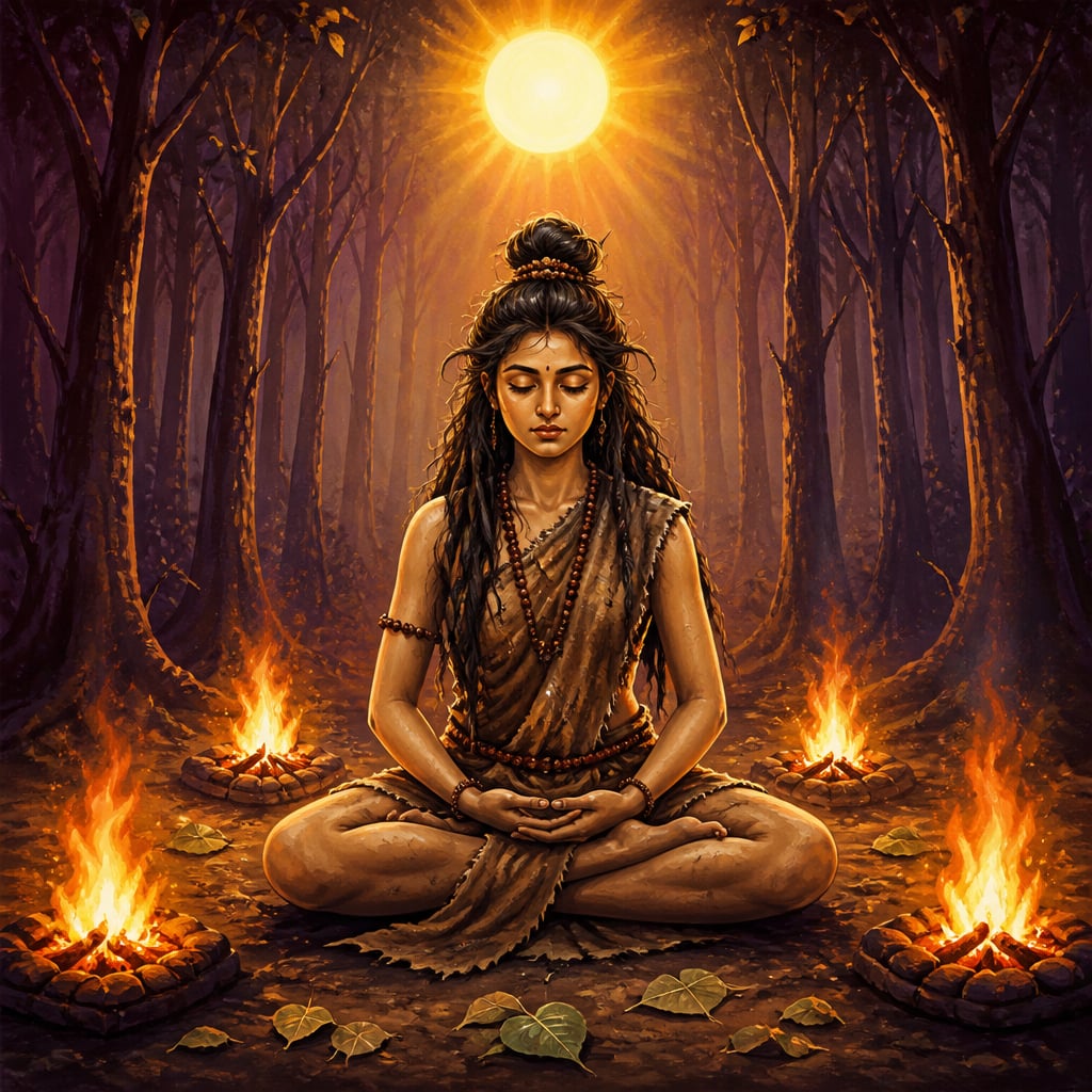 Parvati seated in pancha-agni with four forest fires around her and the sun blazing overhead, the sal forest unnaturally still.