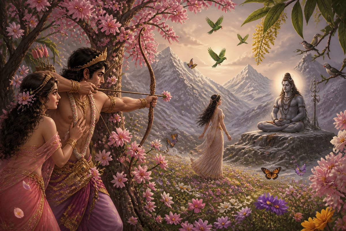 Kamadeva drawing his bow as spring breaks over Kailasa
