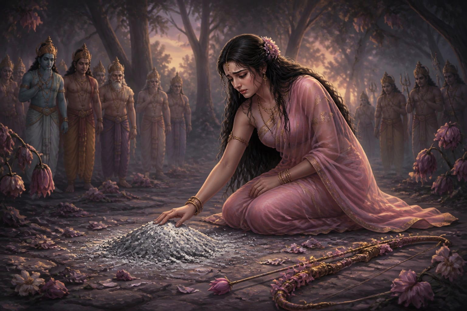 Rati grieving over Kamadeva's ashes as the devas watch ashamed