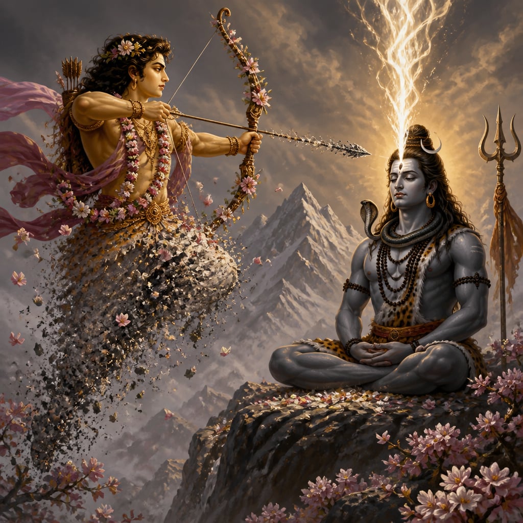 Kamadeva releases his flower arrow as Shiva's third eye opens in a vertical line of white fire, the arrow turning to ash mid-flight.