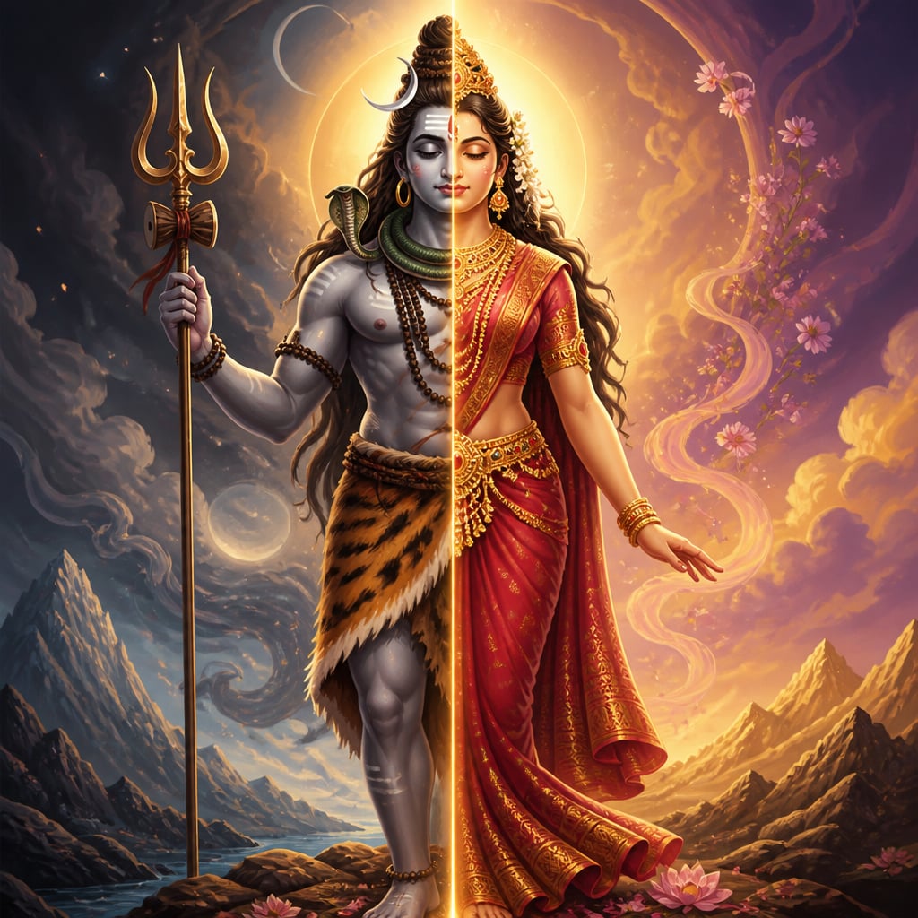 Ardhanarishvara as a single figure, the right half Shiva and the left half Parvati, divided by one luminous vertical line down the centre.
