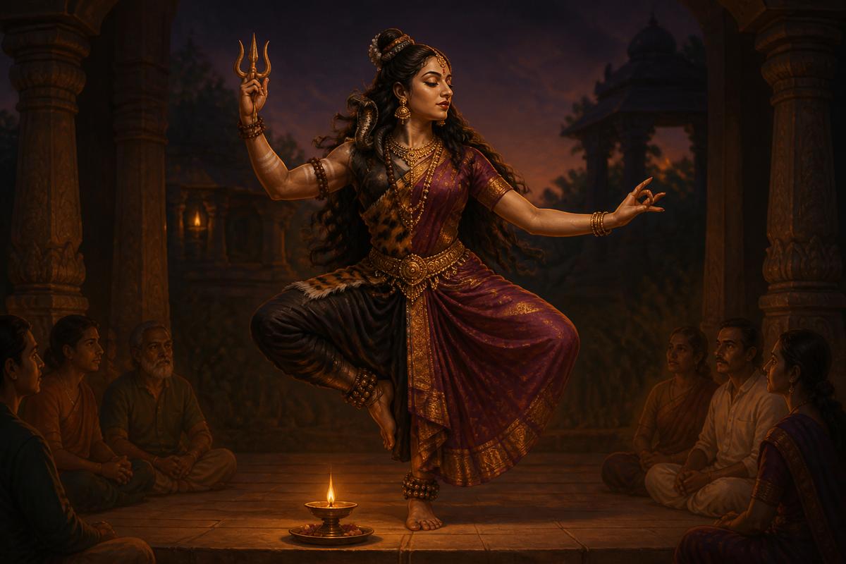A Bharatanatyam dancer holding the Ardhanarishvara pose