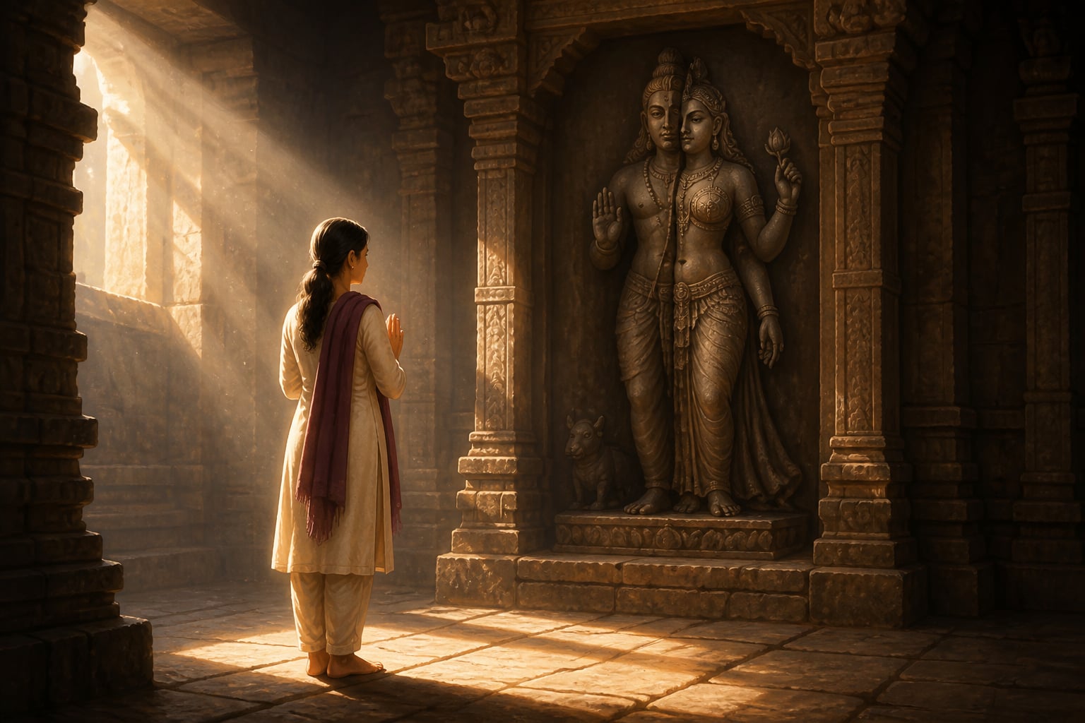 A visitor before the Ardhanarishvara niche at Gangaikonda Cholapuram