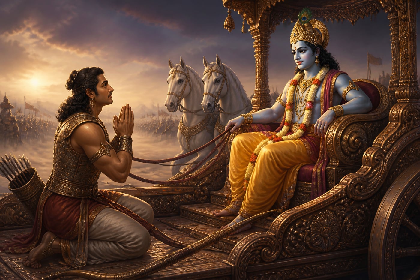 Arjuna kneeling with bow lowered before Krishna in the chariot