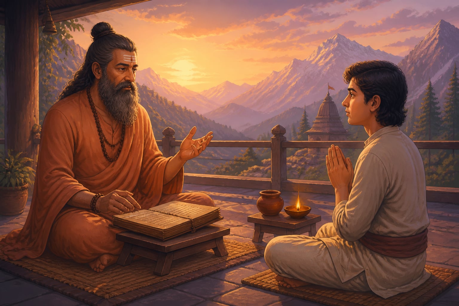 A modern guru and student in dialogue on a Himalayan ashram veranda