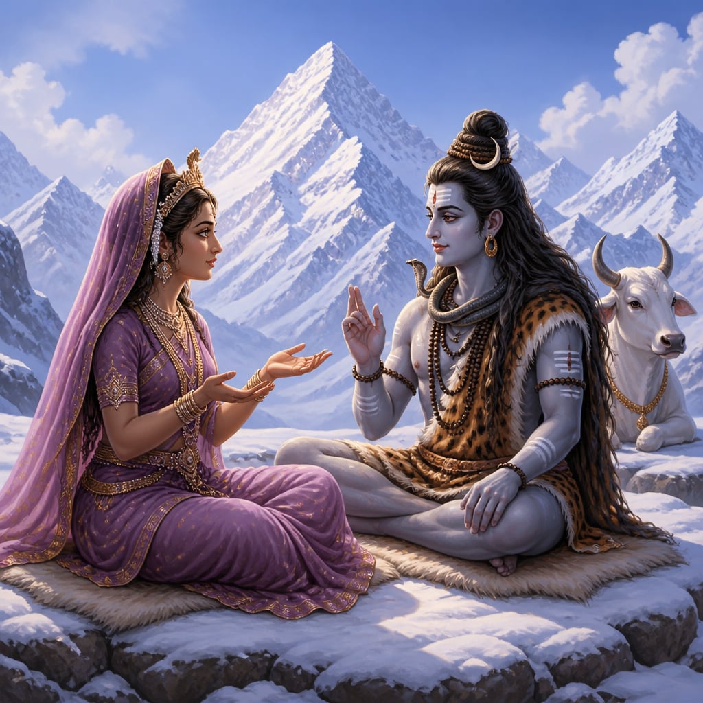Parvati seated on a snow-dusted plateau of Mount Kailasa asks Shiva her opening question, Nandi watching at the edge.