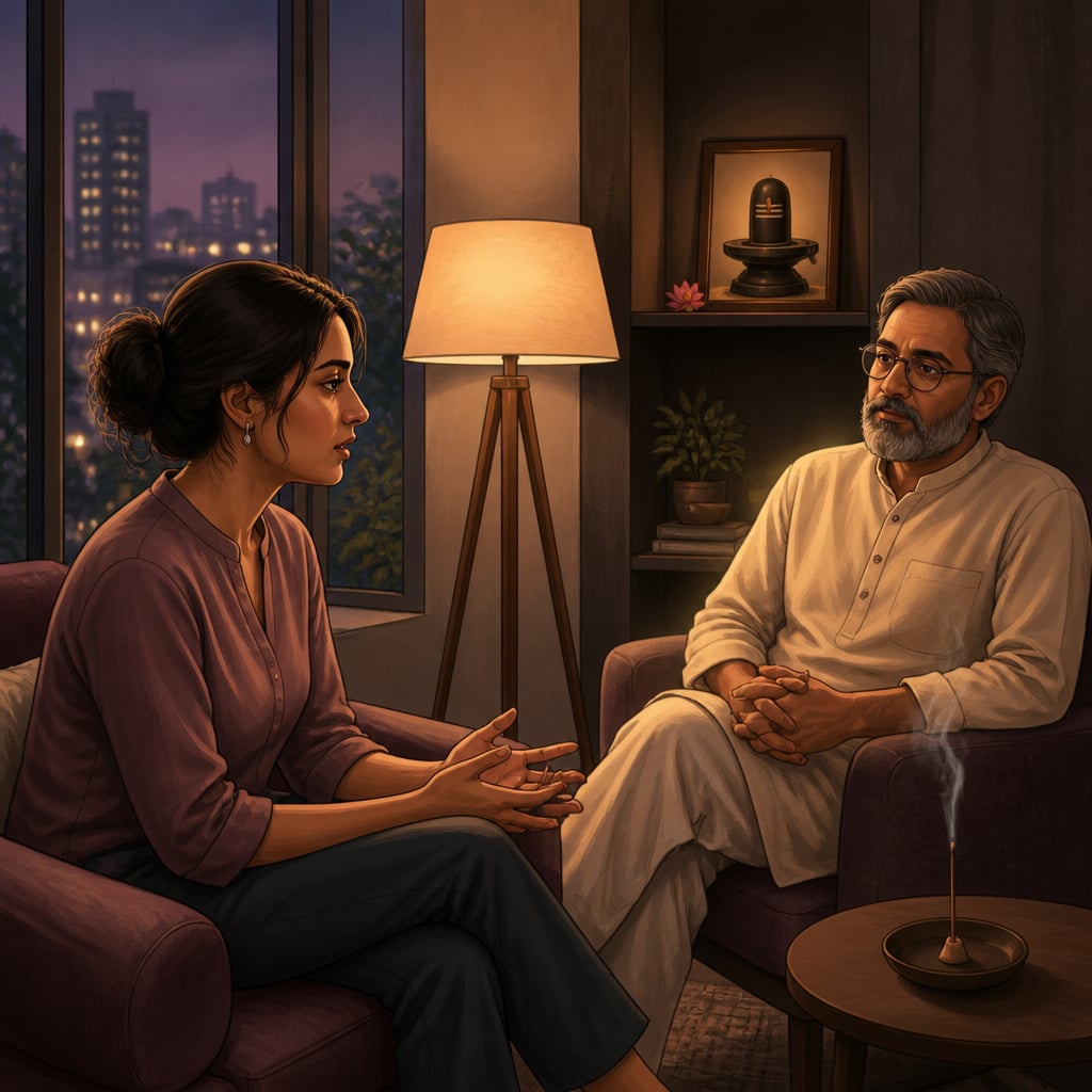 A woman sits across from her therapist in a quiet Bandra office at evening, an Ardhanarishvara image on the small altar behind.