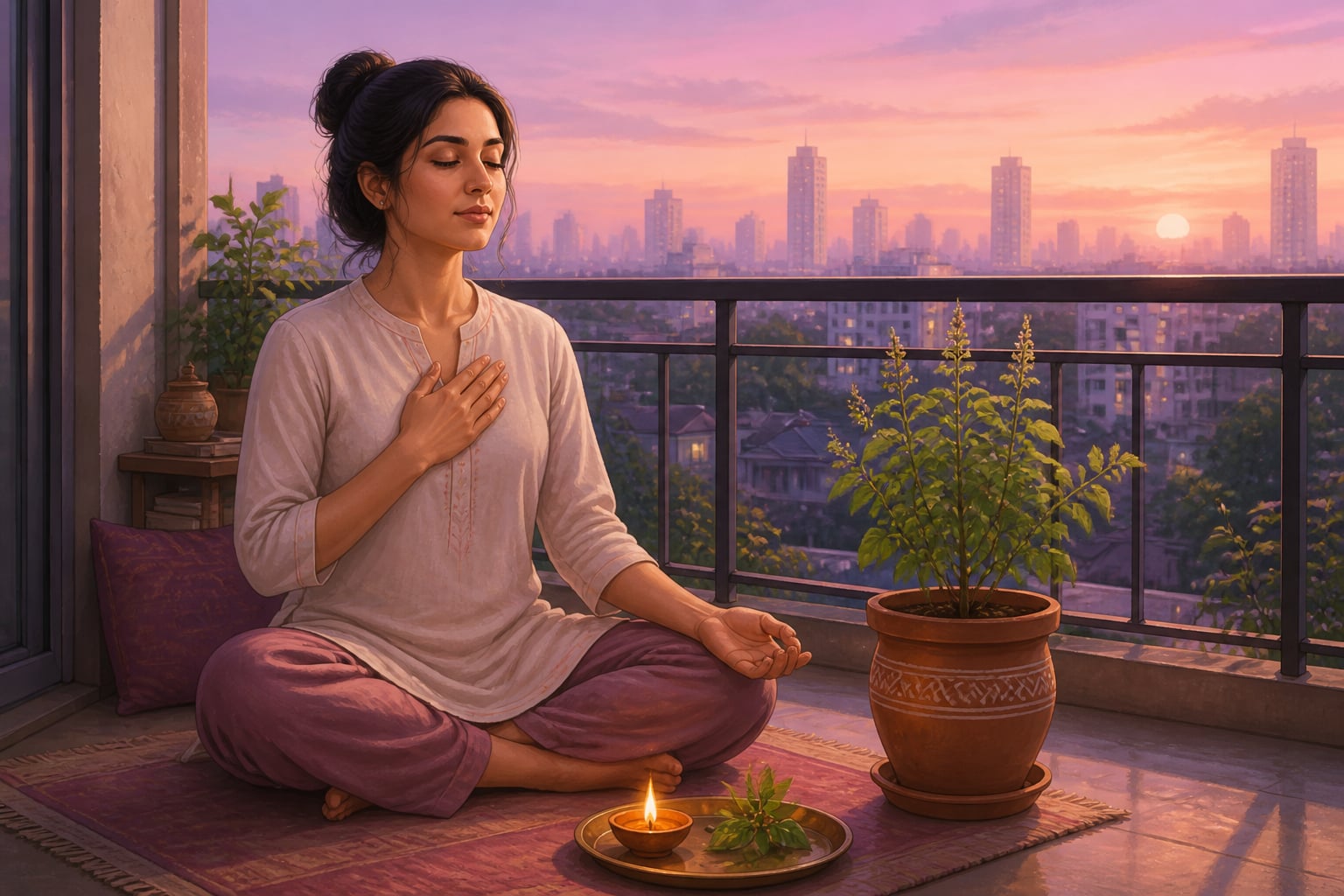 The same woman doing her dawn integration practice on the balcony