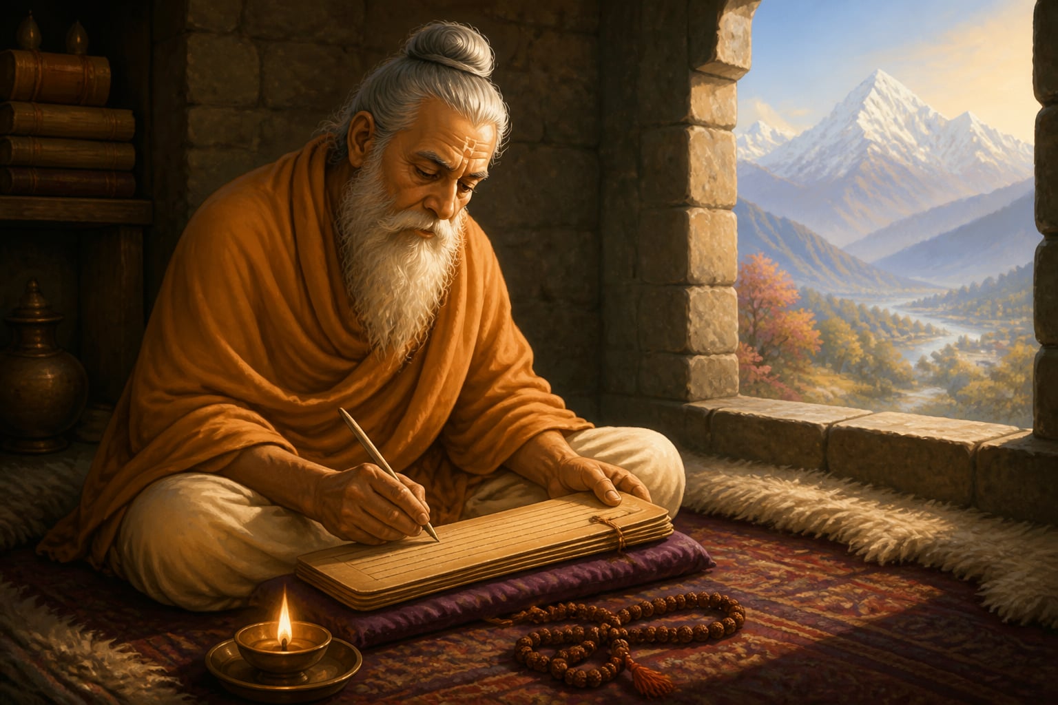 Vasugupta writing the Spanda Karikas in 9th century Kashmir