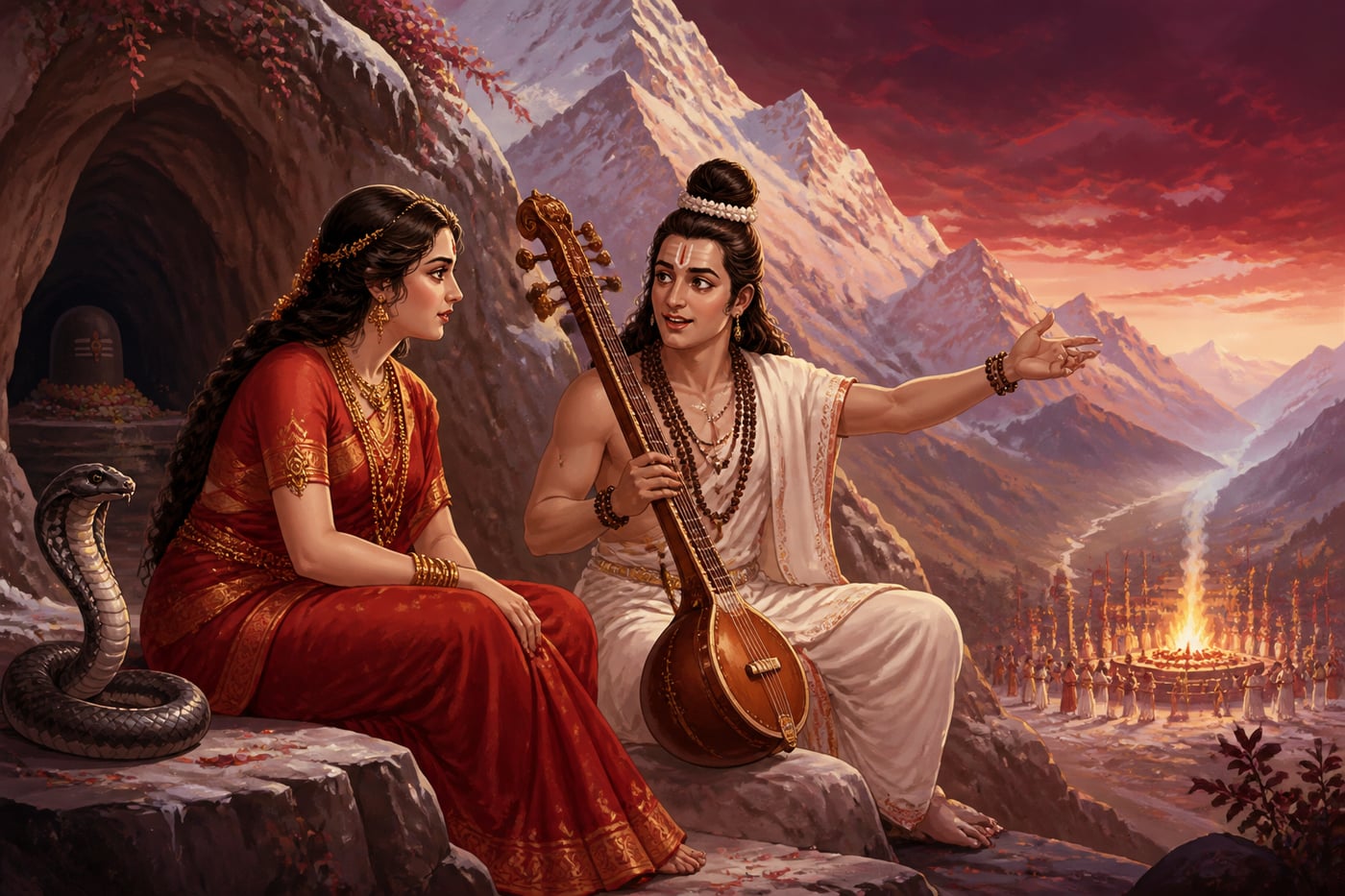 Narada brings news to Sati on Kailasa