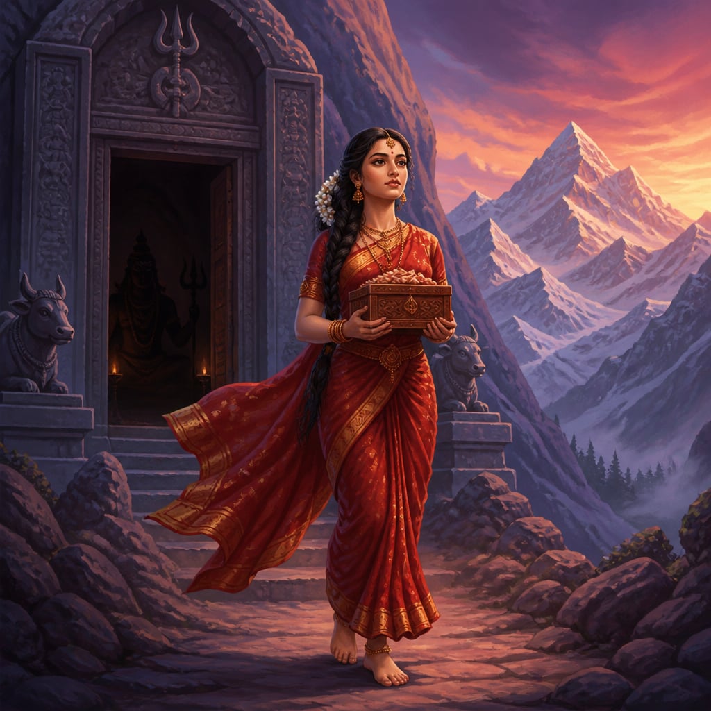 Sati walks alone out of Kailasa toward her father's yajna