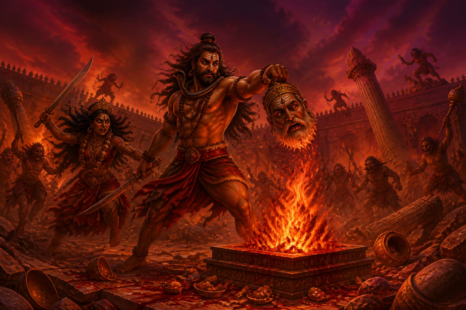 Virabhadra throws Daksha's head into the fire