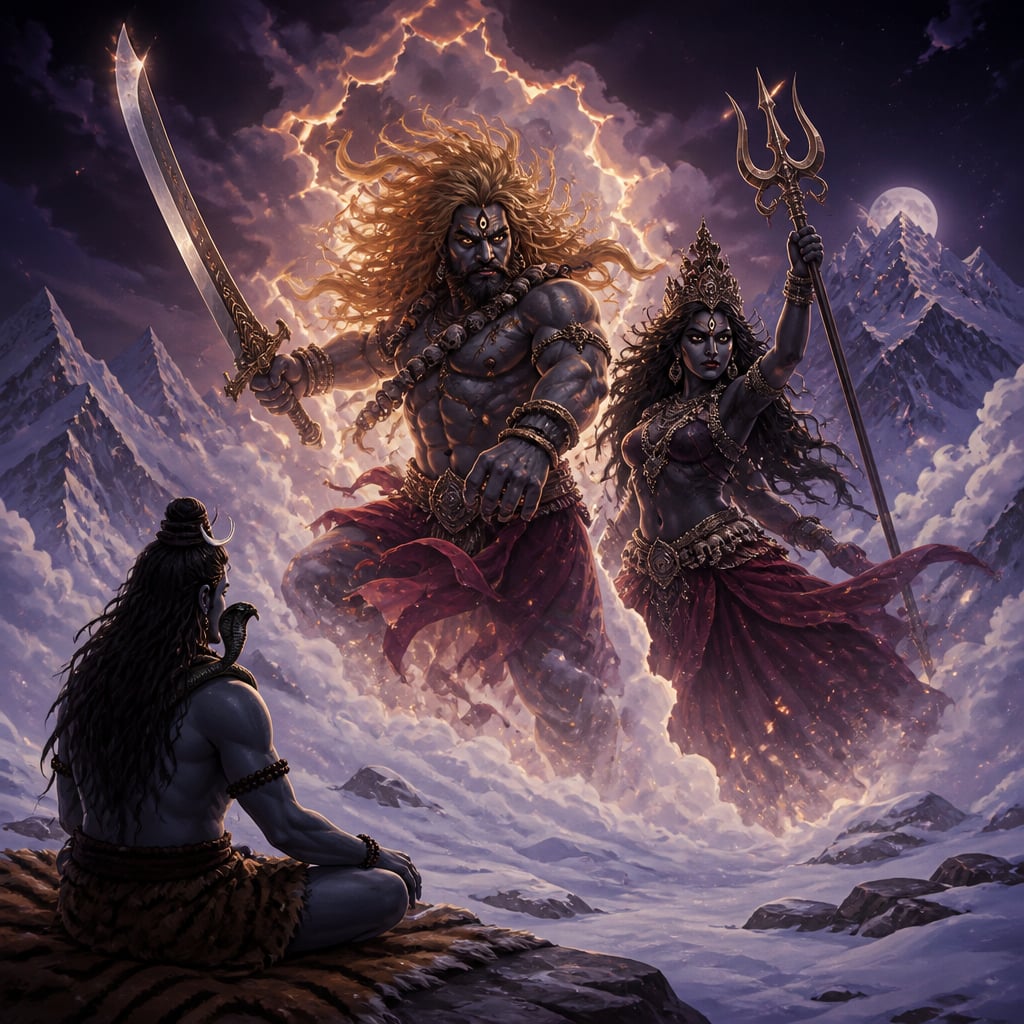 Virabhadra rises from Shiva's torn matted lock on Kailasa