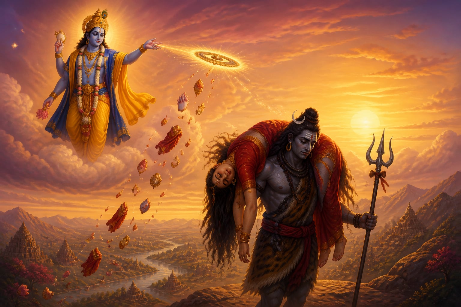 Vishnu releases the Sudarshan Chakra over Shiva's wandering