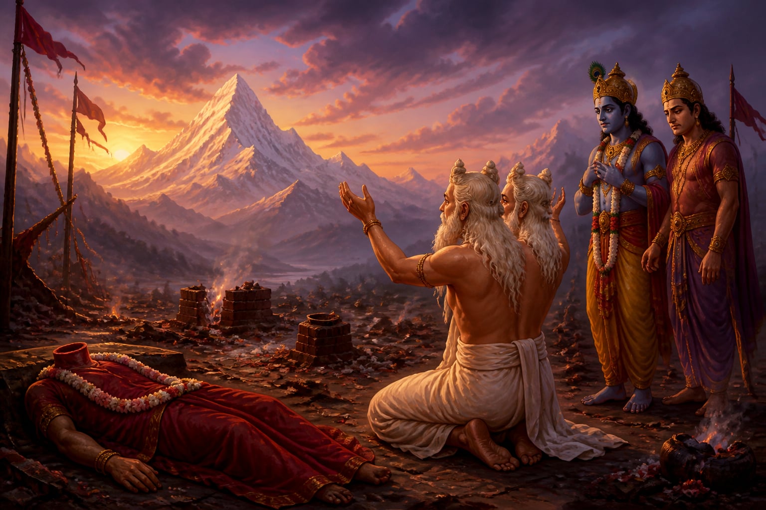 Brahma pleads with Shiva in the wreckage