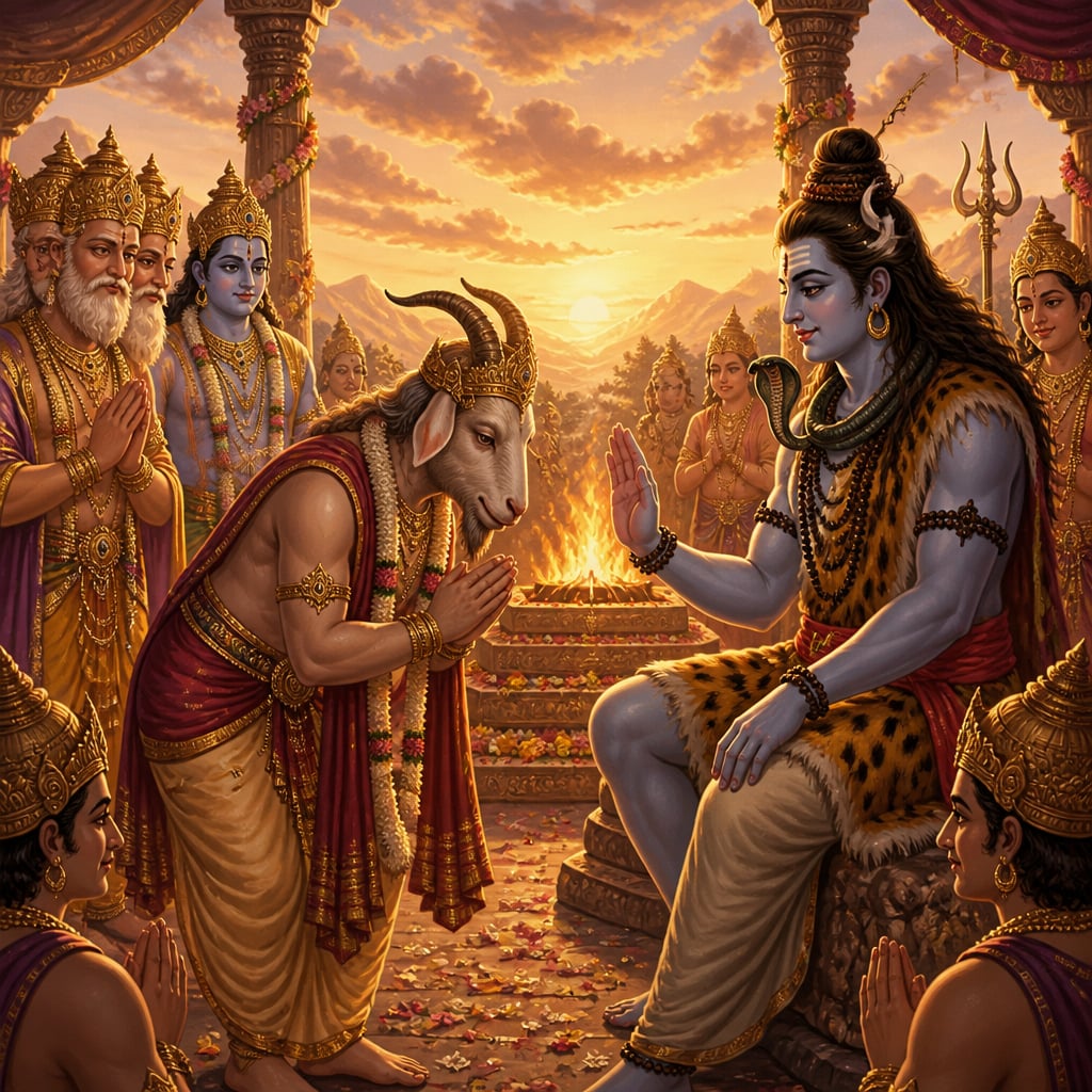 Daksha restored with a goat's head bows to Shiva