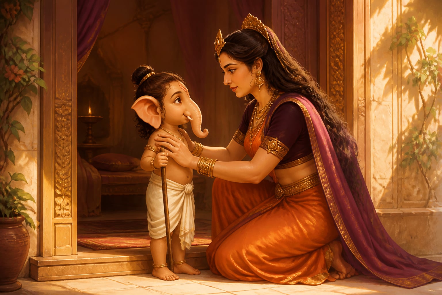 Parvati giving her newborn Ganesha his first instruction at the door