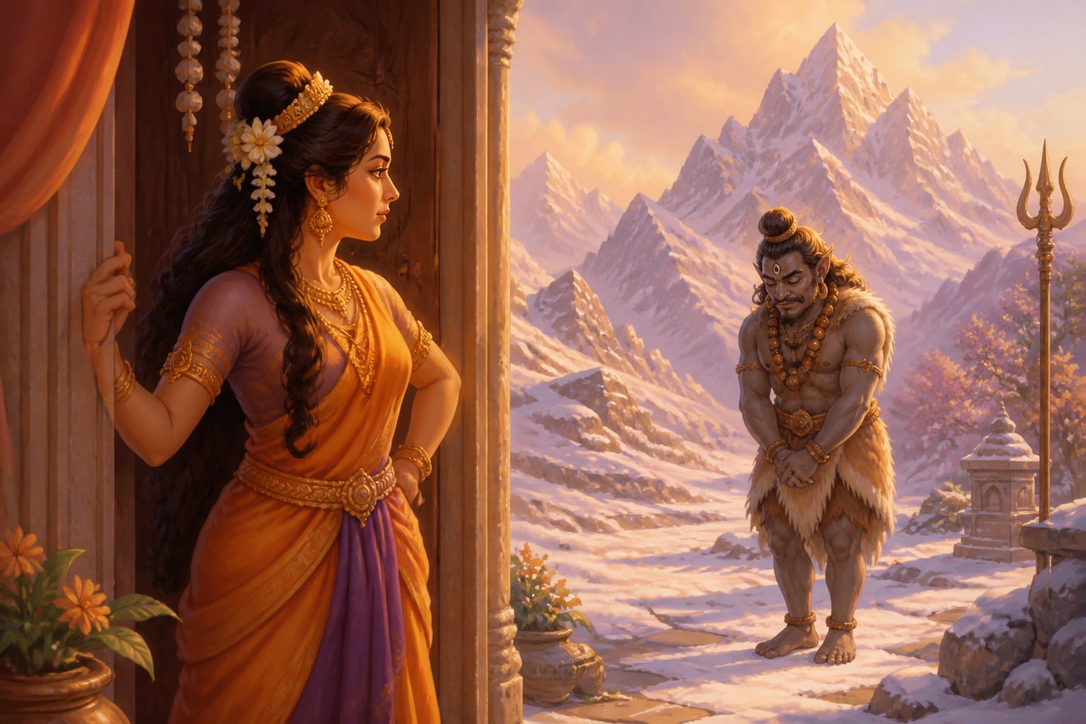 Parvati asking a gana of Shiva who hesitates at her chamber door