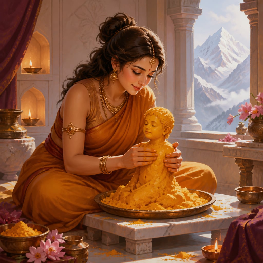 Parvati shapes a son from turmeric paste in her Kailasa bath chamber.