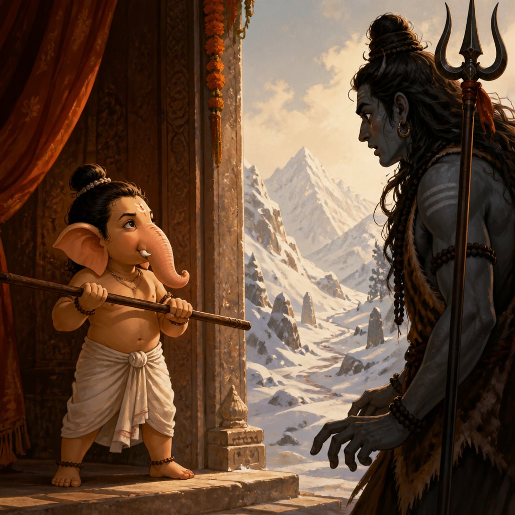 The newly formed boy stands at Parvati's door, staff raised, refusing Shiva entry.