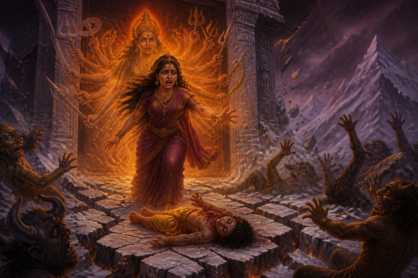 Parvati's grief unleashing thousand-armed forms of the Mother