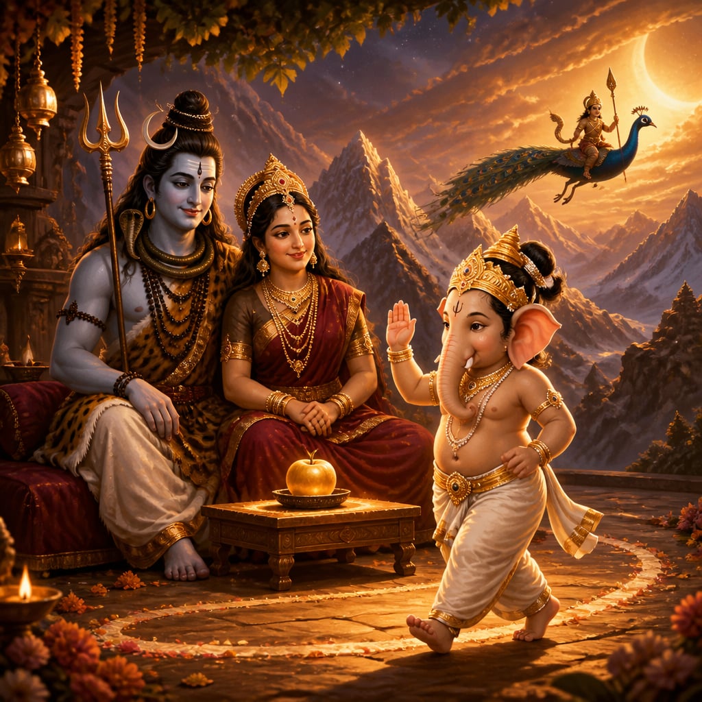 Ganesha completes the pradakshina around his seated parents while Kartikeya races the cosmos.