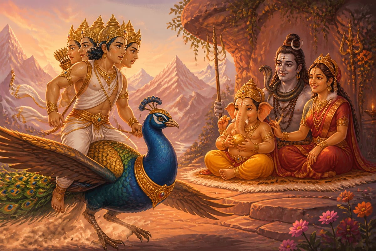 Kartikeya landing his peacock to find Ganesha has already won