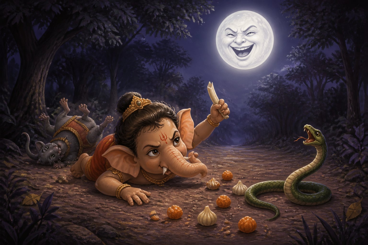 The moon laughing from the sky at Ganesha fallen on the path