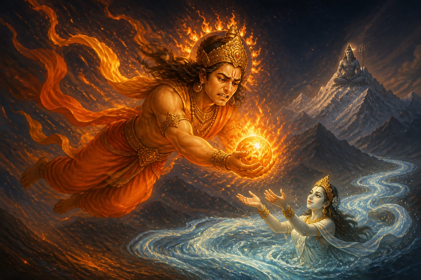 Agni carrying Shiva's blazing seed across the cosmic sky