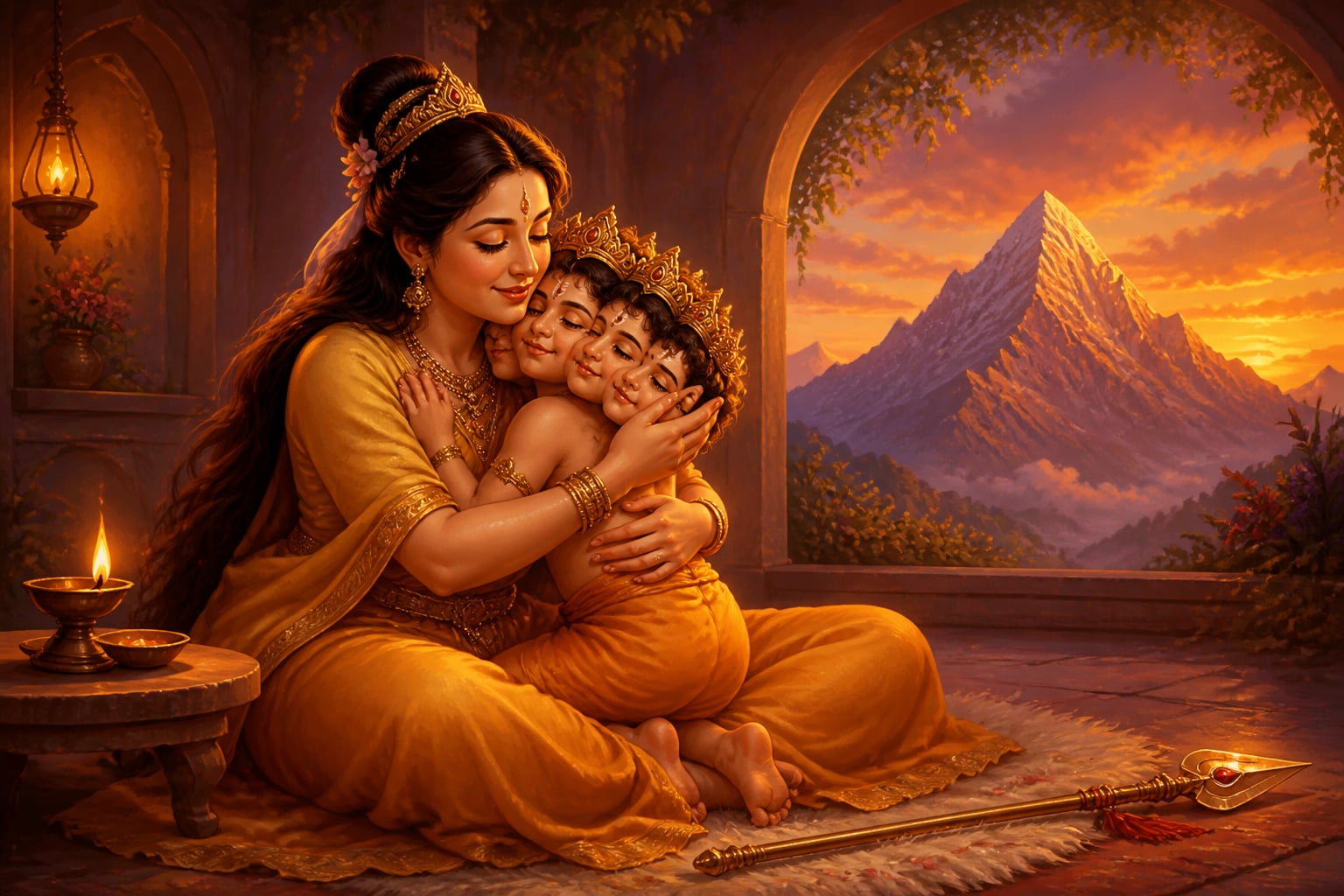 Parvati embracing the six-faced boy Skanda on Kailasa