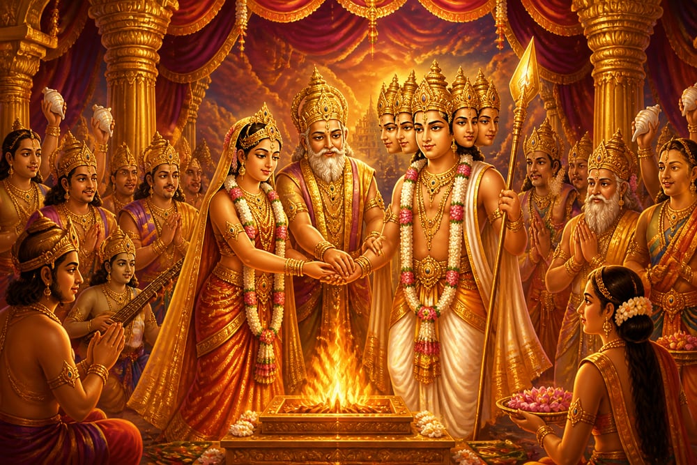 The cosmic court wedding of Devasena to Kartikeya