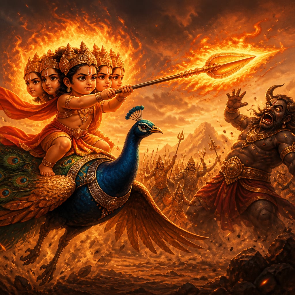 Kartikeya on his peacock hurls the Vel spear at Tarakasura.