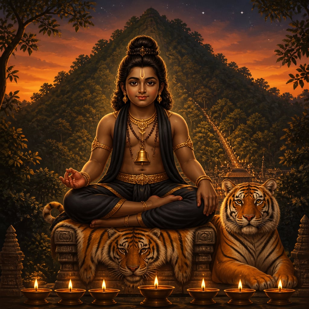 Ayyappa as the forest god of Sabarimala seated on his tiger throne.