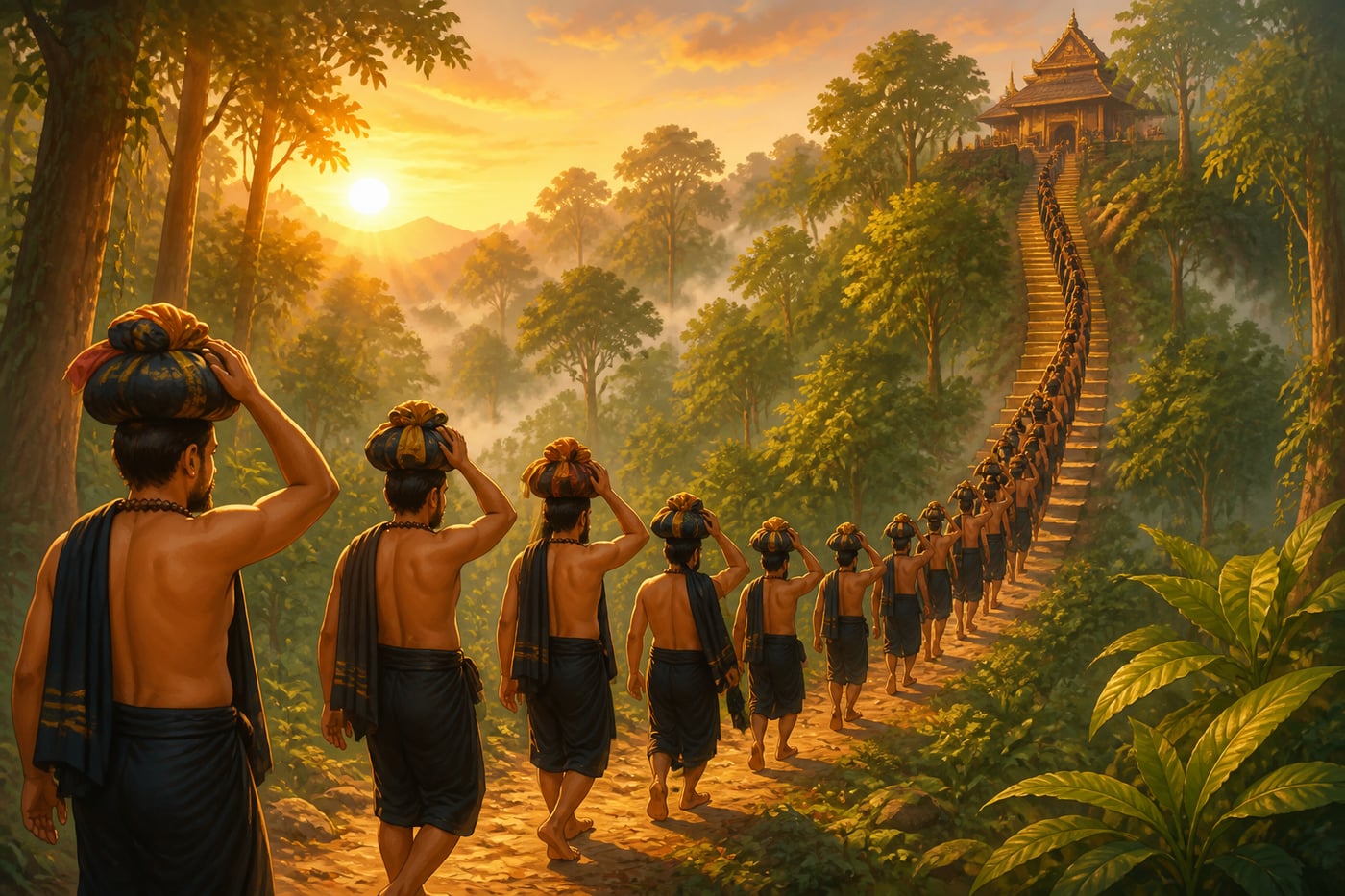 Barefoot pilgrims in black ascending the path to Sabarimala