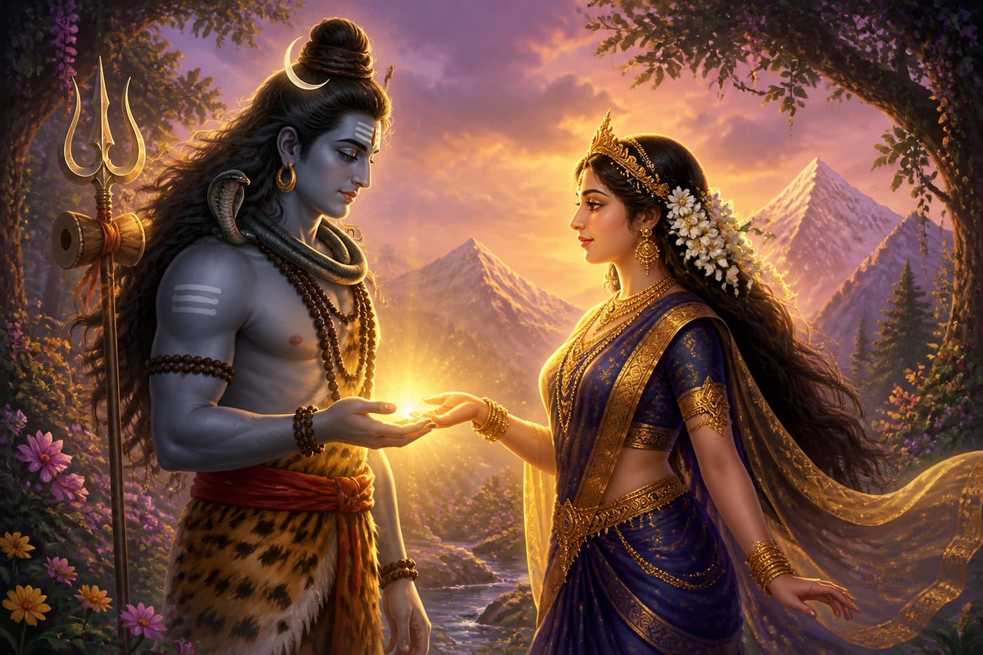 Shiva meeting Mohini in the luminous forest clearing