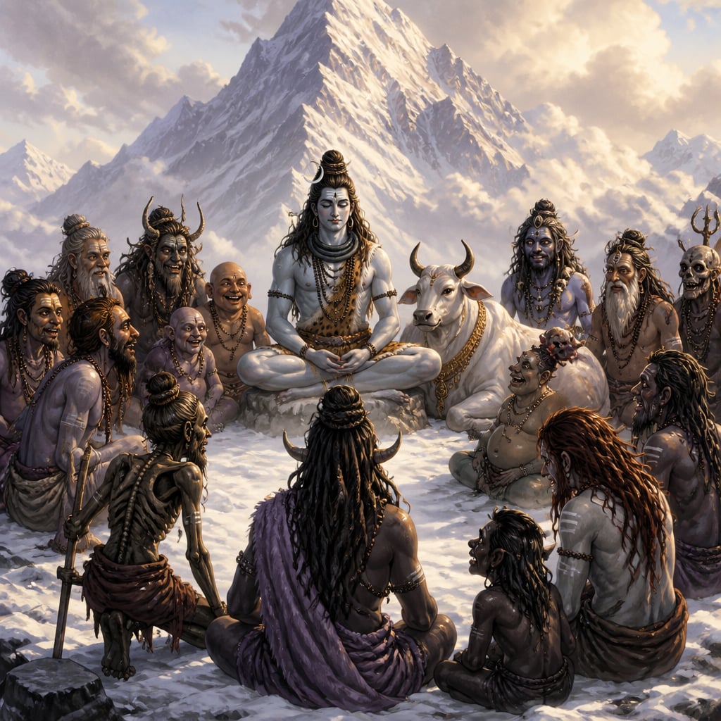 Shiva's court of ganas on the Kailasa ledge with Nandi, Bhringi, and wild attendants.