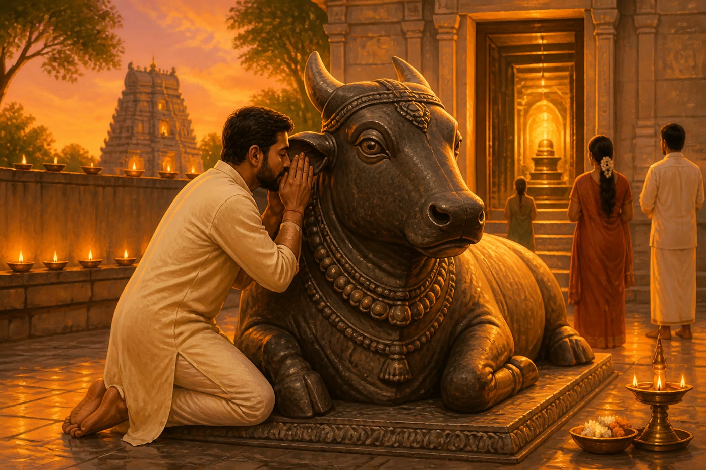 A devotee whispering a wish into Nandi's ear at the temple threshold
