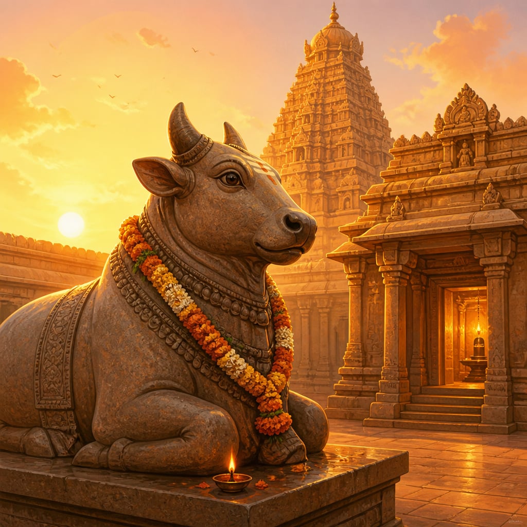 The colossal stone Nandi of Brihadeeswara temple gazing toward the inner sanctum.