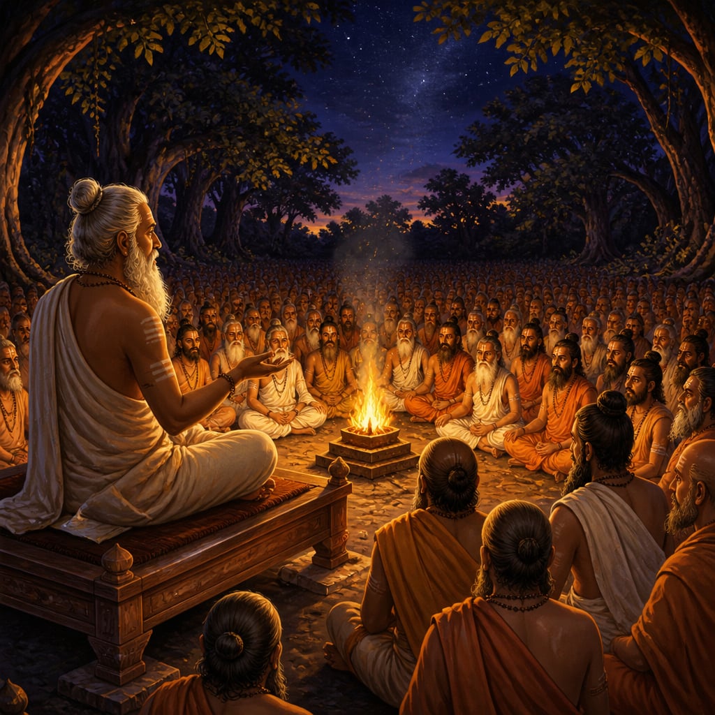 Suta seated at Naimisharanya speaking to assembled sages by firelight