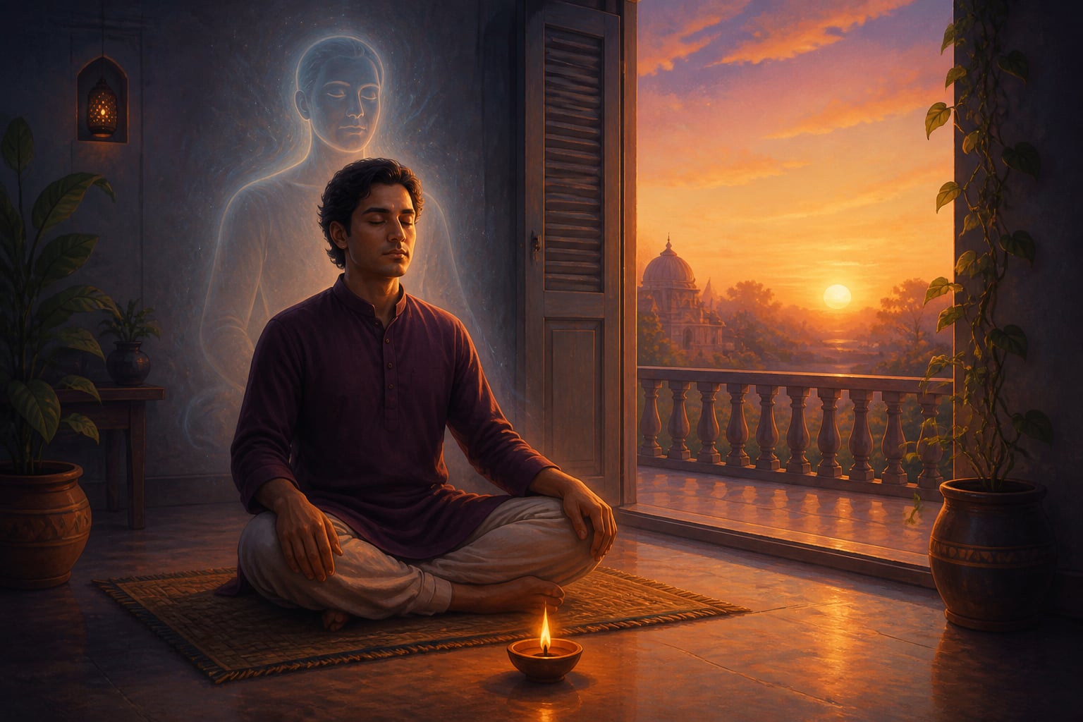 A modern seeker noticing the noticer in a balcony meditation