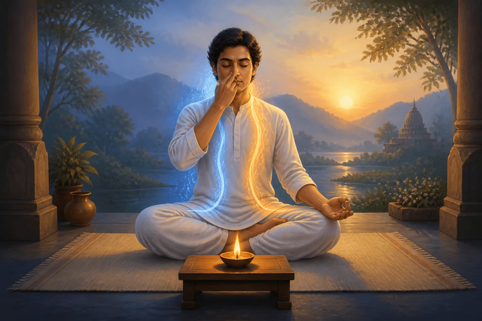 A practitioner doing nadi shodhana with ida and pingala channels visible