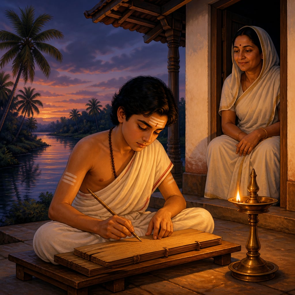 Young Adi Shankaracharya writing on the verandah of a Kerala house at dusk