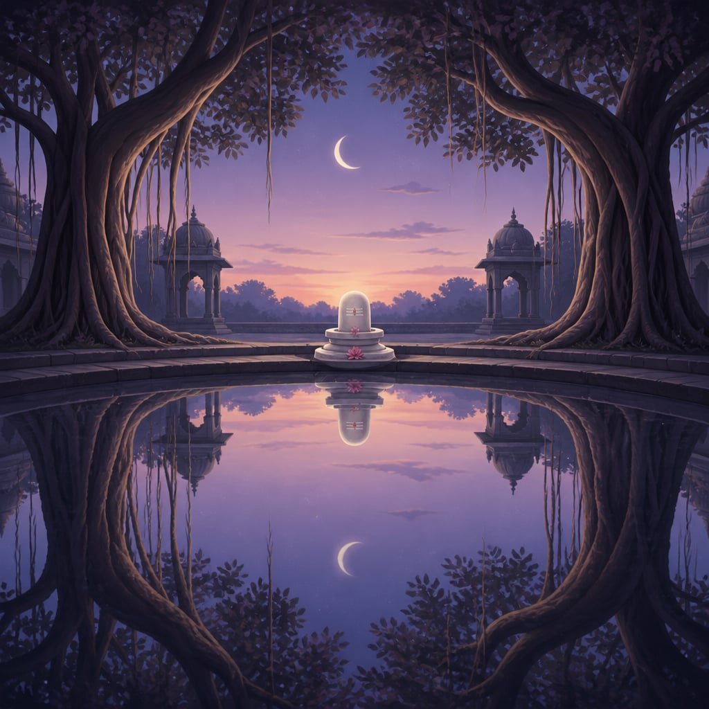 Still pond at a temple courtyard mirroring the pre-dawn sky and crescent moon