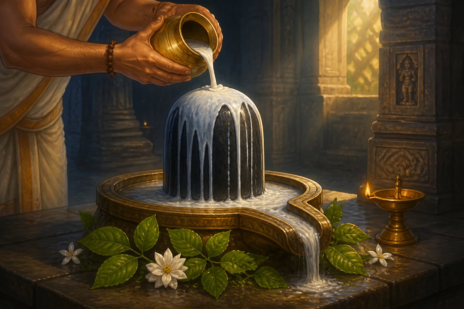 A priest performing abhisheka with milk on a Shiva linga