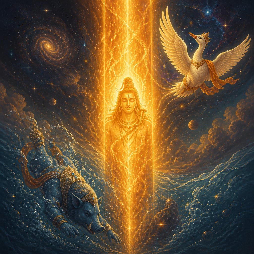 Lingodbhava cosmic pillar of fire rising endlessly through the cosmos